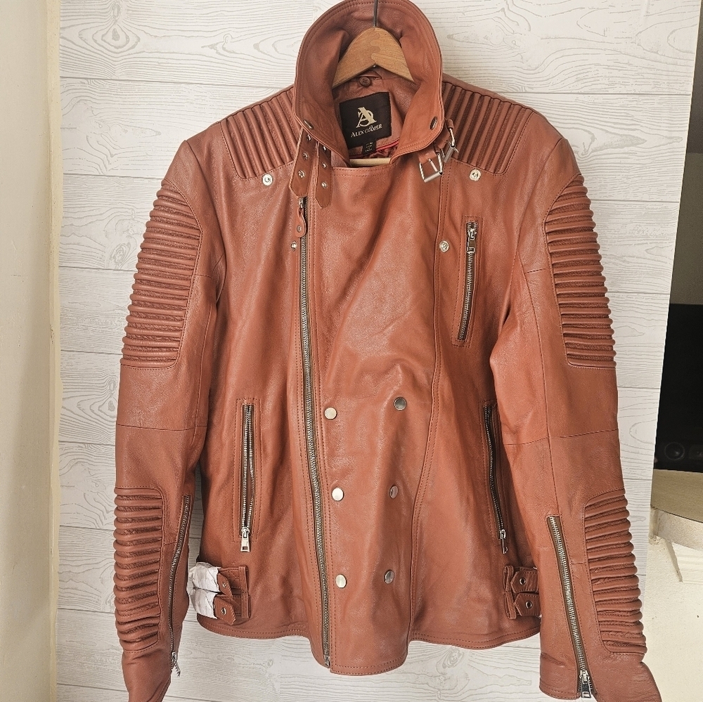 Alen Cooper-Brown Tan XL Real Leather Biker Moto Jacket For Men NWOT - Picture 5 of 13